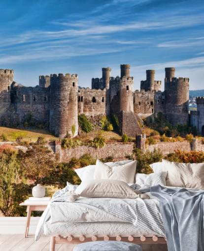 mural de papel pintado personalizable verde y gris llamado Castillo de Conwy para salas de estar, dormitorios y oficinas en casa mural de papel pintado personalizable verde y gris llamado Castillo de Conwy para salas de estar, dormitorios y oficinas en casa