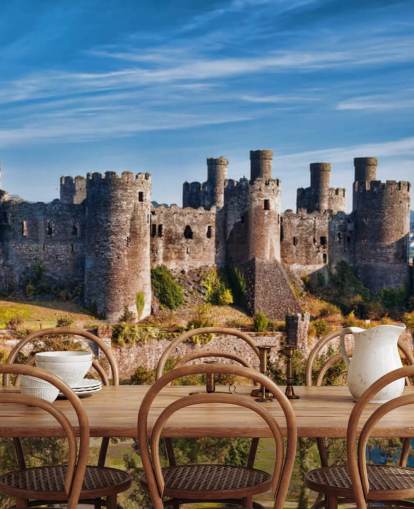 green and grey customisable wallpaper mural called Conwy Castle for living rooms, bedrooms and home offices