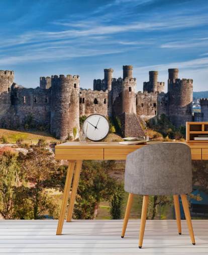 grønt og gråt tilpassbart tapetmaleri kaldet Conwy Castle til stuer, soveværelser og hjemmekontorer grønt og gråt tilpassbart tapetmaleri kaldet Conwy Castle til stuer, soveværelser og hjemmekontorer