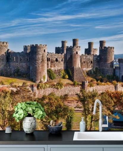 Wandtapete Conwy Castle, grün und grau, personalisierbar, für Wohnzimmer, Schlafzimmer und Heimbüros