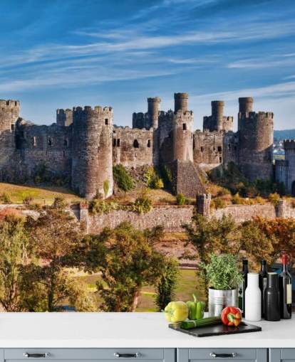 vihreä ja harmaa muokattava taustakuvamaalaus nimeltä Conwy Castle olohuoneisiin, makuuhuoneisiin ja kotitoimistoihin vihreä ja harmaa muokattava taustakuvamaalaus nimeltä Conwy Castle olohuoneisiin, makuuhuoneisiin ja kotitoimistoihin