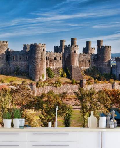 mural de papel pintado personalizable verde y gris llamado Castillo de Conwy para salas de estar, dormitorios y oficinas en casa