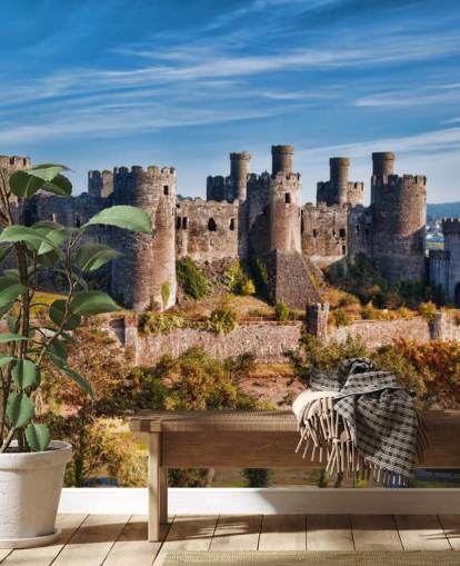 groene en grijze aanpasbare behangmuurschildering genaamd Conwy Castle voor woonkamers, slaapkamers en kantoren aan huis