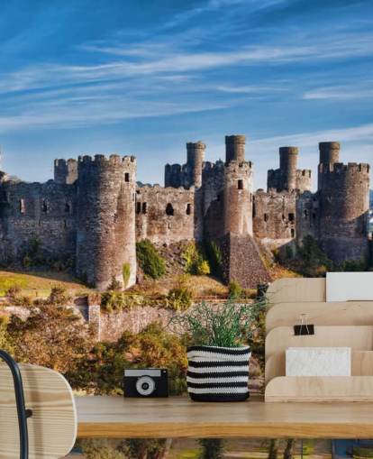 grønt og grått tilpassbart tapetmaleri kalt Conwy Castle for stuer, soverom og hjemmekontorer