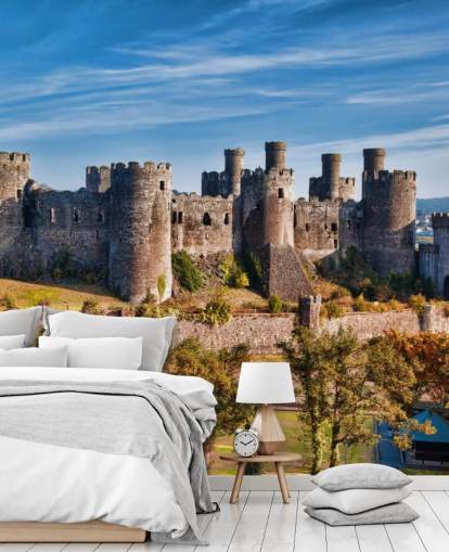 vihreä ja harmaa muokattava taustakuvamaalaus nimeltä Conwy Castle olohuoneisiin, makuuhuoneisiin ja kotitoimistoihin