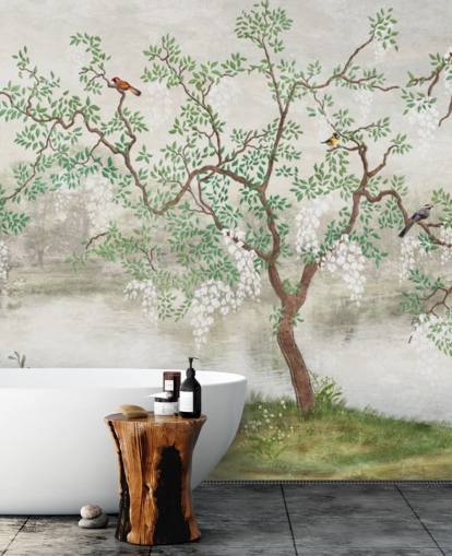 groene vintage aanpasbare tuinbehangmuurschildering genaamd Chinoiserie Garden voor slaapkamers