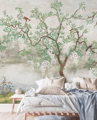 vihreä vintage muokattava puutarhatapetti seinämaalaus nimeltä Chinoiserie Garden makuuhuoneisiin