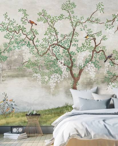 groene vintage aanpasbare tuinbehangmuurschildering genaamd Chinoiserie Garden voor slaapkamers