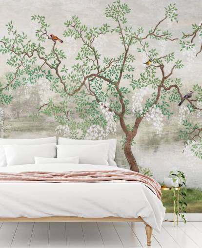 grønn vintage tilpassbar hagetapetveggmaleri kalt Chinoiserie Garden for soverom