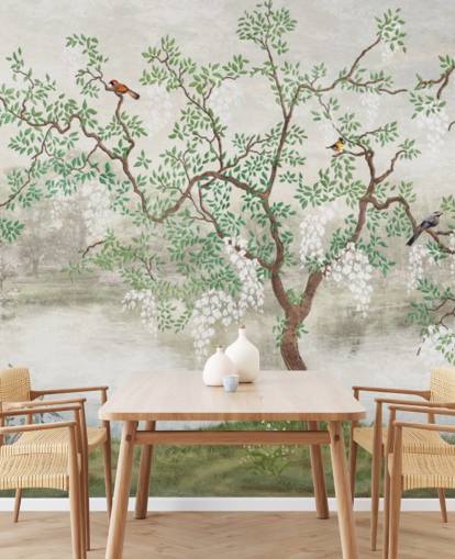 grønn vintage tilpassbar hagetapetveggmaleri kalt Chinoiserie Garden for soverom