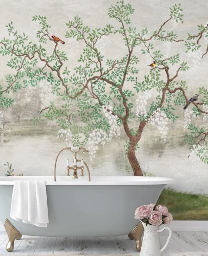 green vintage customisable garden wallpaper mural called Chinoiserie Garden for bedrooms green vintage customisable garden wallpaper mural called Chinoiserie Garden for bedrooms