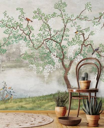 Gartentapete Chinoiserie Garden, grün, personalisierbar, im Vintage-Stil, für Schlafzimmer
