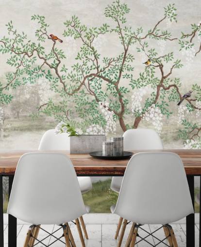 grønn vintage tilpassbar hagetapetveggmaleri kalt Chinoiserie Garden for soverom