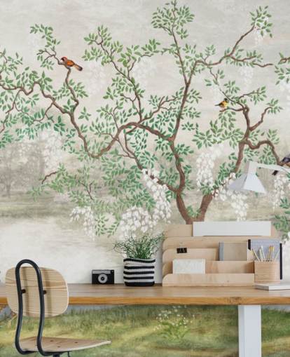 mural de papel pintado verde vintage personalizable para jardín llamado Chinoiserie Garden para dormitorios