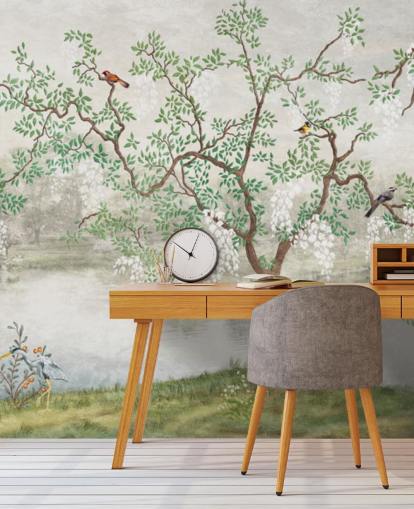 grønn vintage tilpassbar hagetapetveggmaleri kalt Chinoiserie Garden for soverom