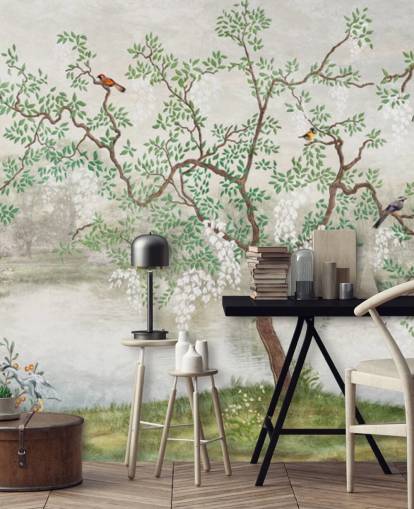 grön vintage anpassningsbar trädgård tapet väggmålning kallad Chinoiserie Garden för sovrum