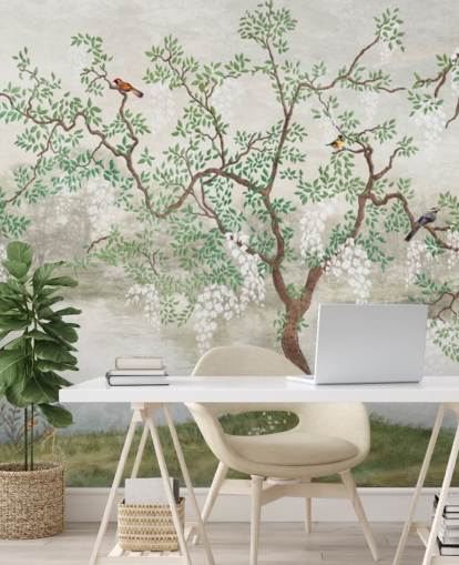 mural de papel pintado verde vintage personalizable para jardín llamado Chinoiserie Garden para dormitorios