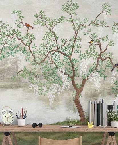 mural de papel pintado verde vintage personalizable para jardín llamado Chinoiserie Garden para dormitorios