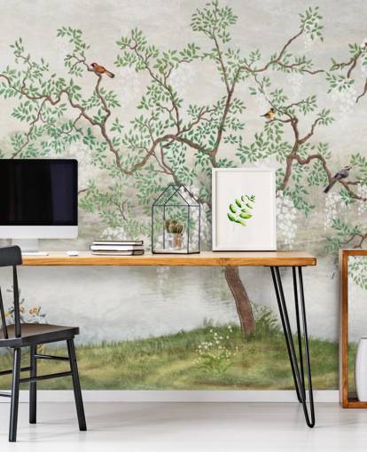papier peint mural de jardin personnalisable vintage vert appelé Chinoiserie Garden pour chambres