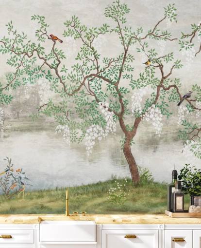 groene vintage aanpasbare tuinbehangmuurschildering genaamd Chinoiserie Garden voor slaapkamers