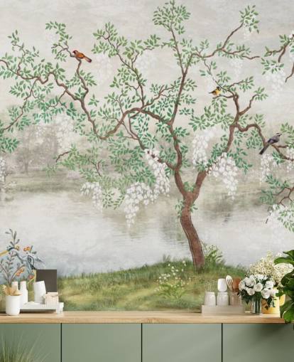 papier peint mural de jardin personnalisable vintage vert appelé Chinoiserie Garden pour chambres