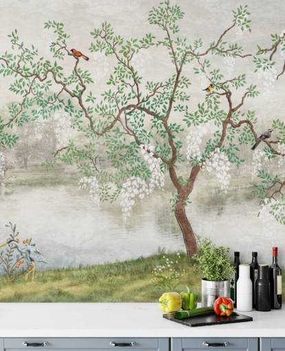 papier peint mural de jardin personnalisable vintage vert appelé Chinoiserie Garden pour chambres