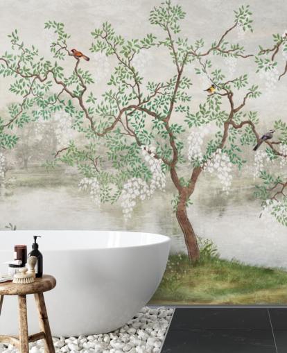 papier peint mural de jardin personnalisable vintage vert appelé Chinoiserie Garden pour chambres