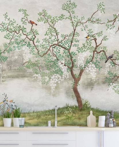 carta da parati da giardino verde vintage personalizzabile chiamata Chinoiserie Garden per camere da letto