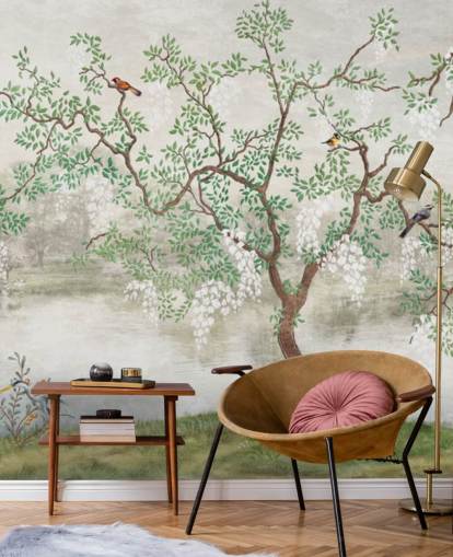 groene vintage aanpasbare tuinbehangmuurschildering genaamd Chinoiserie Garden voor slaapkamers