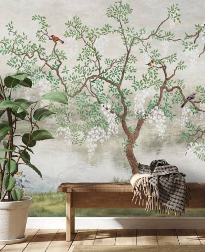 grøn vintage tilpasselig have tapet vægmaleri kaldet Chinoiserie Garden til soveværelser