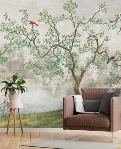 green vintage customisable garden wallpaper mural called Chinoiserie Garden for bedrooms