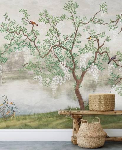 grøn vintage tilpasselig have tapet vægmaleri kaldet Chinoiserie Garden til soveværelser