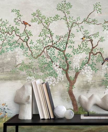 mural de papel de parede de jardim personalizável vintage verde chamado Chinoiserie Garden para quartos