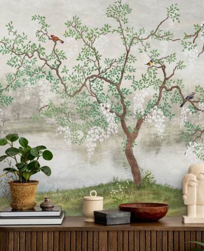 grøn vintage tilpasselig have tapet vægmaleri kaldet Chinoiserie Garden til soveværelser