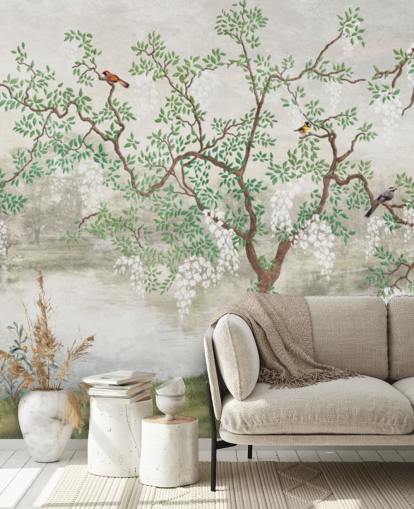 carta da parati da giardino verde vintage personalizzabile chiamata Chinoiserie Garden per camere da letto