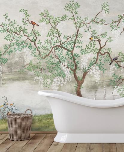 carta da parati da giardino verde vintage personalizzabile chiamata Chinoiserie Garden per camere da letto