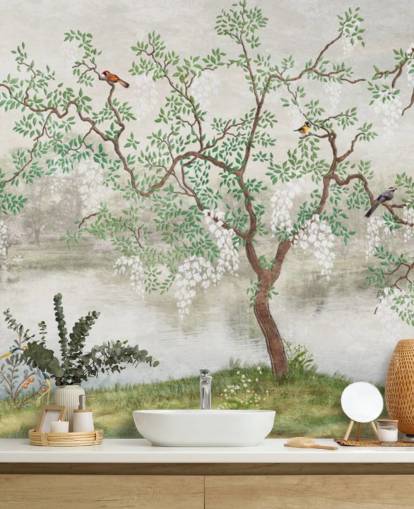 mural de papel pintado verde vintage personalizable para jardín llamado Chinoiserie Garden para dormitorios