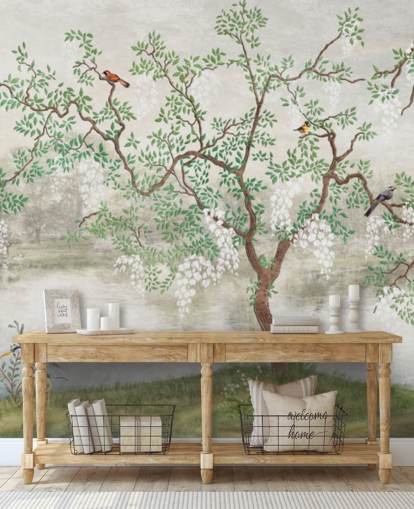 grønn vintage tilpassbar hagetapetveggmaleri kalt Chinoiserie Garden for soverom