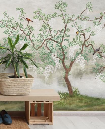 grön vintage anpassningsbar trädgård tapet väggmålning kallad Chinoiserie Garden för sovrum