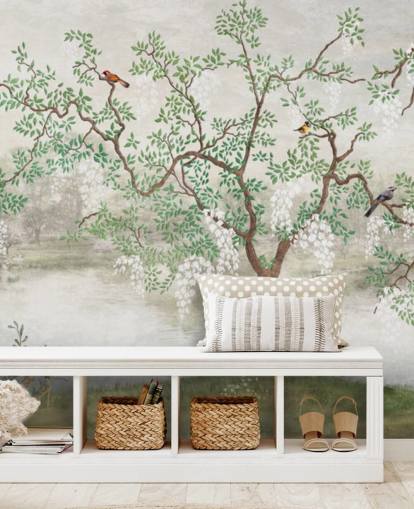 carta da parati da giardino verde vintage personalizzabile chiamata Chinoiserie Garden per camere da letto