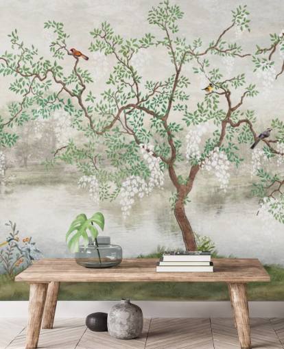 groene vintage aanpasbare tuinbehangmuurschildering genaamd Chinoiserie Garden voor slaapkamers groene vintage aanpasbare tuinbehangmuurschildering genaamd Chinoiserie Garden voor slaapkamers