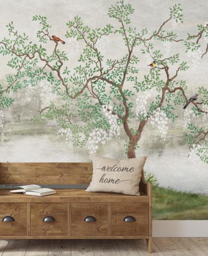 green vintage customisable garden wallpaper mural called Chinoiserie Garden for bedrooms