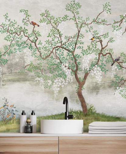 green vintage customisable garden wallpaper mural called Chinoiserie Garden for bedrooms