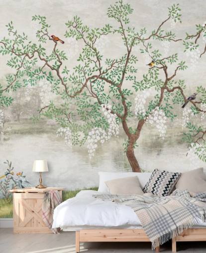 grön vintage anpassningsbar trädgård tapet väggmålning kallad Chinoiserie Garden för sovrum