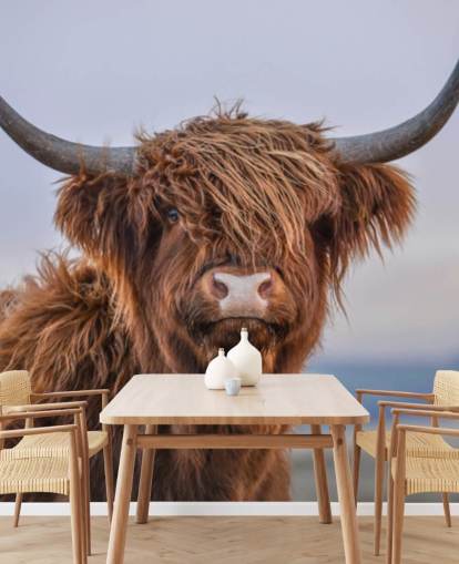 mural marrón personalizable de papel pintado de vaca llamado Highland Cow Close-Up 