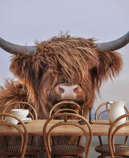 papier peint mural marron personnalisable en forme de vache appelé Highland Cow Close-Up papier peint mural marron personnalisable en forme de vache appelé Highland Cow Close-Up