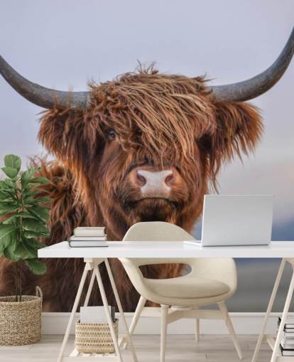 carta da parati murale marrone personalizzabile con mucca chiamata Highland Cow Close-Up 