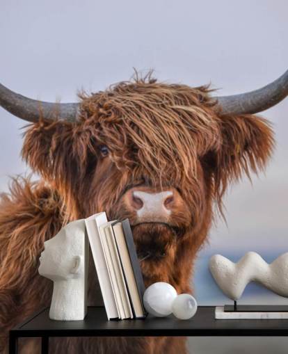 mural marrón personalizable de papel pintado de vaca llamado Highland Cow Close-Up mural marrón personalizable de papel pintado de vaca llamado Highland Cow Close-Up