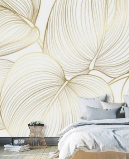 papel pintado hojas blancas y doradas