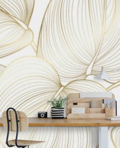 papel pintado hojas blancas y doradas